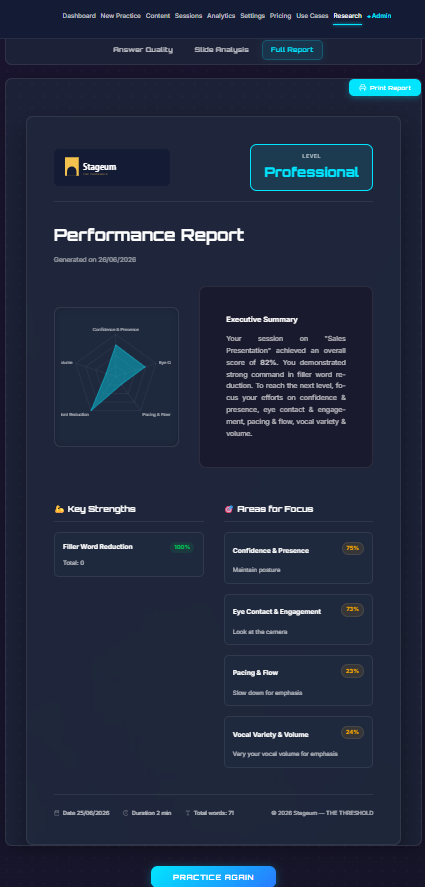 Stageum analytics dashboard showing public speaking research data with filler word frequency, speaking pace benchmarks, and eye contact distribution