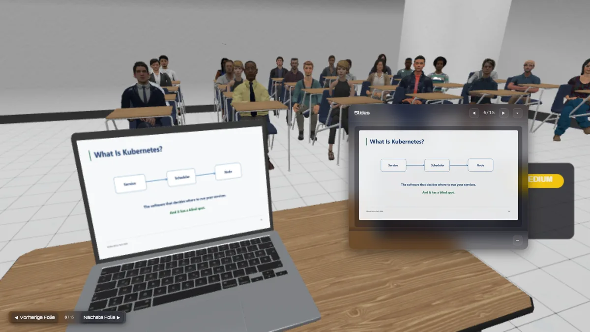 Stageum AI-powered practice session in a modern classroom environment with virtual audience