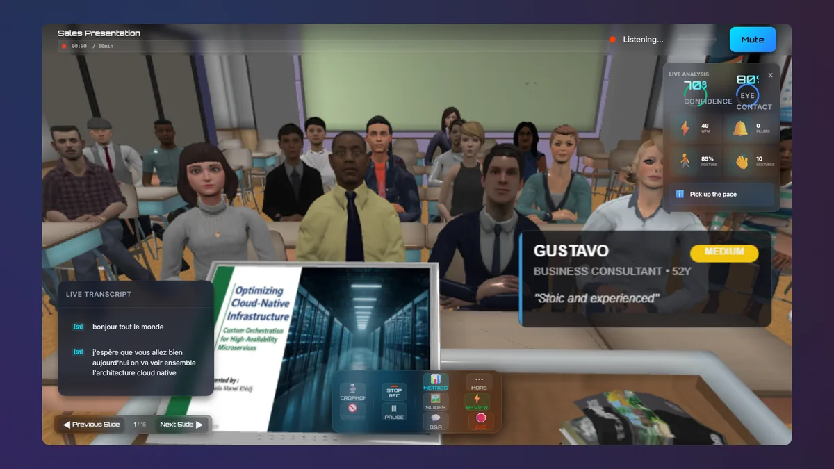 Teen classroom environment with individual desks and projector screen, suitable for academic presentations and student seminar practice.